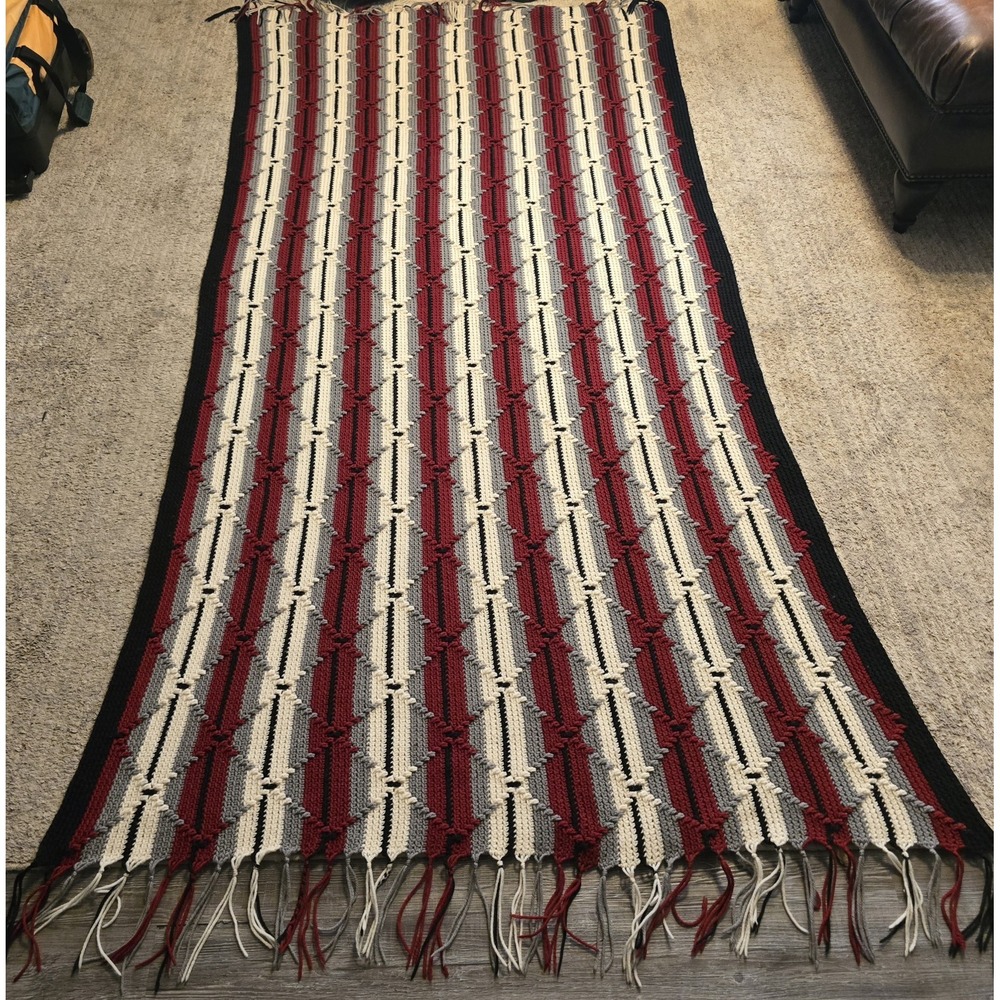 Vintage Handmade Crochet Afghan Blanket Stripes Criss Cross‎ Diamond 48x98